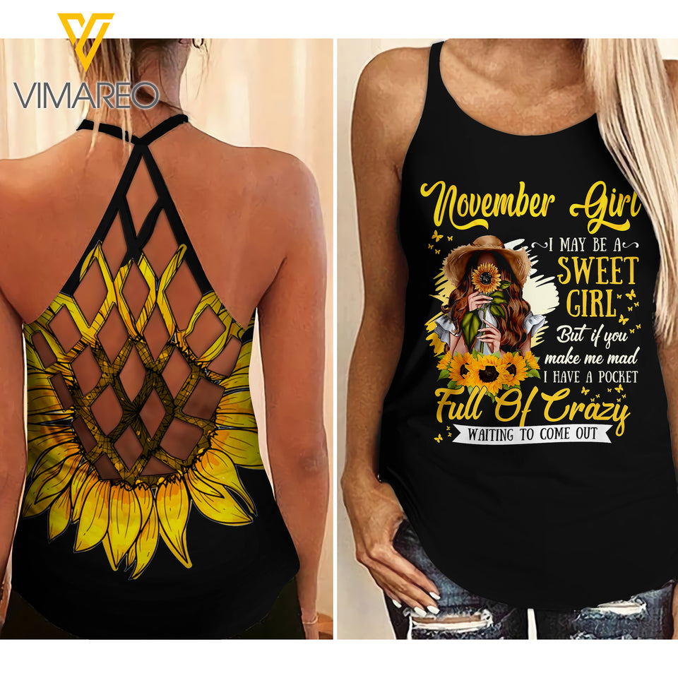 NOVEMBER SWEET CRAZY GIRL CRISS-CROSS TANK TOP SUNFLOWER