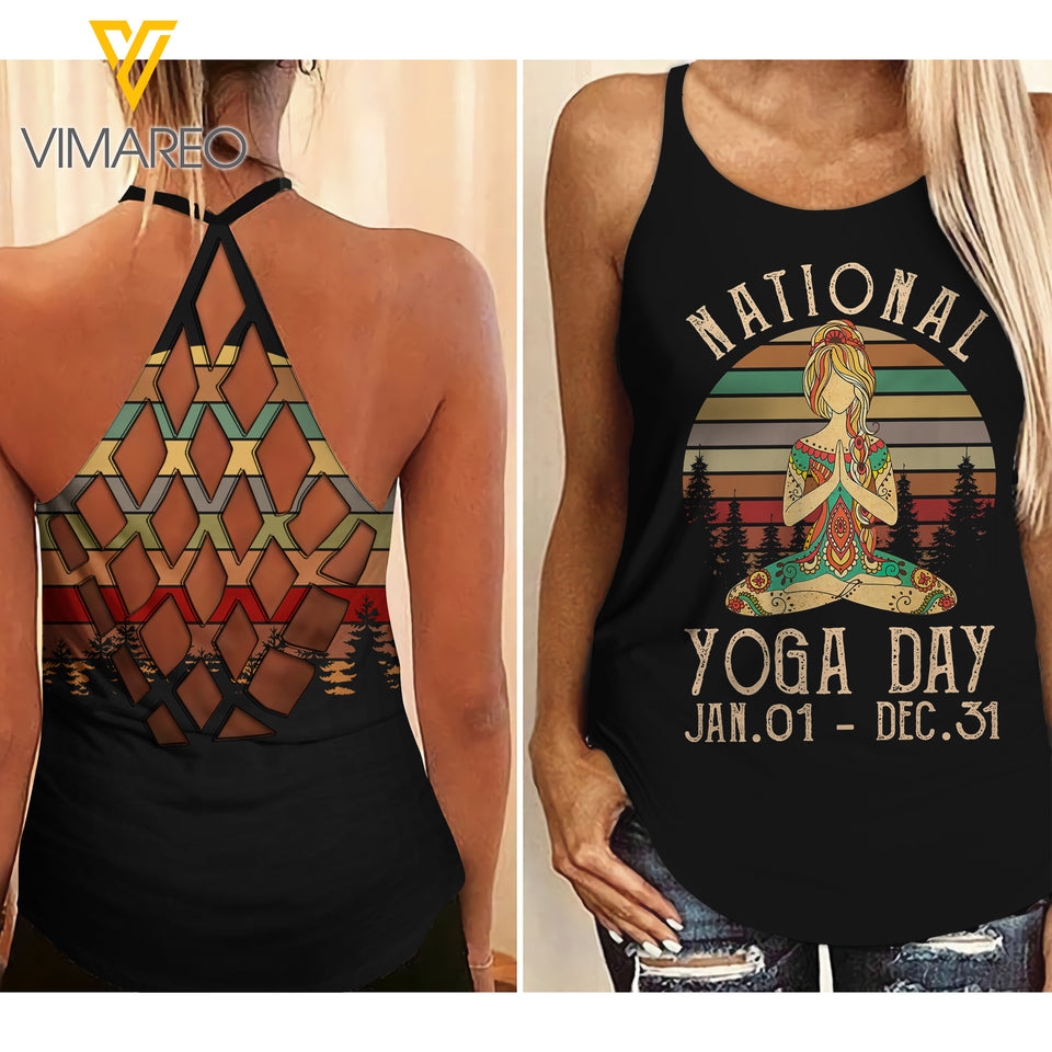 NATIONAL DAY YOGA GIRL SUNFLOWER CRISS-CROSS TANK TOP