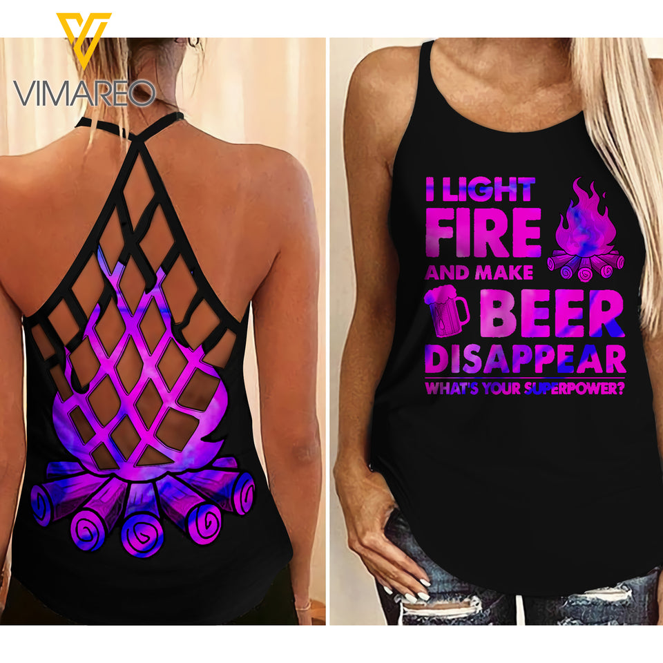 LIGHT FIRE AND BEER DISAPPEAR CRISS-CROSS TANK TOP