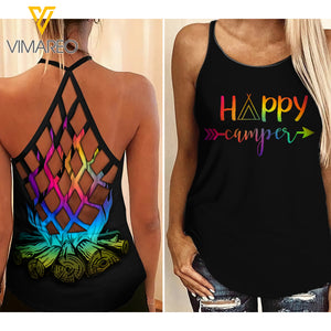 HAPPY CAMPER CRISS-CROSS TANK TOP CAMPING GIRL