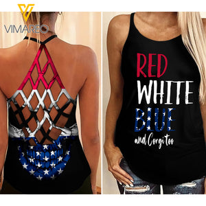 Red White Blue Corgi Skull  Criss-Cross Open Back Camisole Tank Top