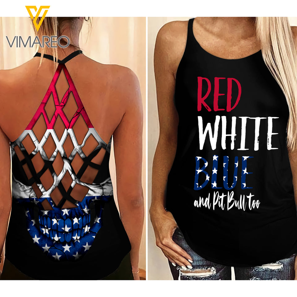 Red White Blue Pit Bull Skull  Criss-Cross Open Back Camisole Tank Top