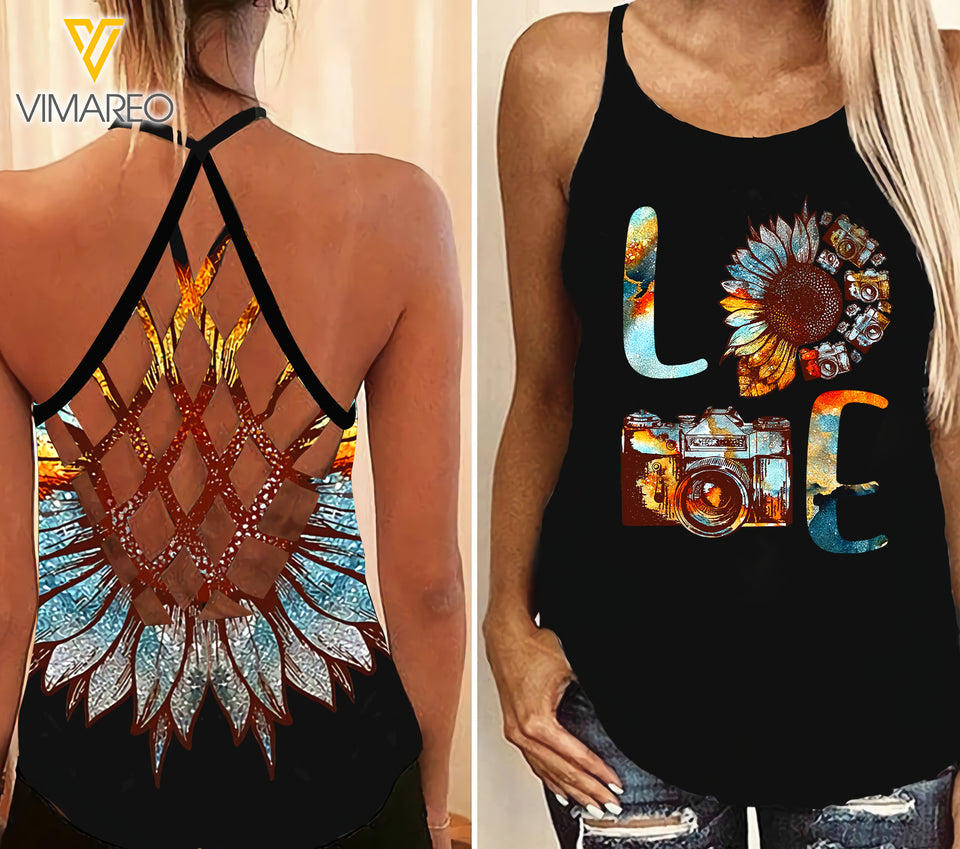 Photography Sunflower Girl Criss-Cross Open Back Camisole Tank Top