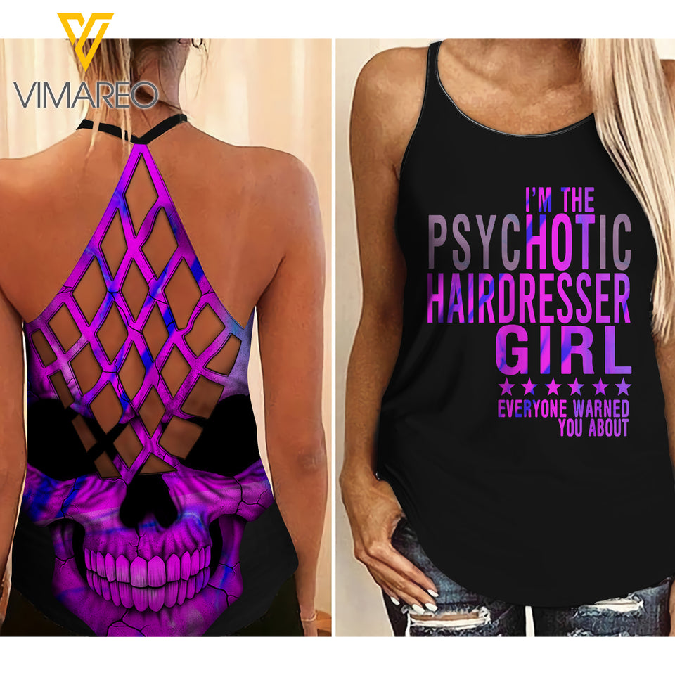 HAIRDRESSER GIRL CRISS-CROSS OPEN BACK CAMISOLE TANK TOP SKULL