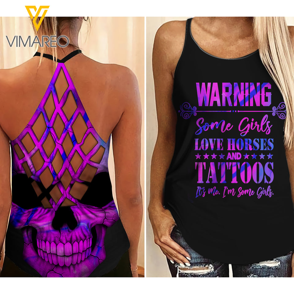 TATOOED GIRL Criss-Cross Open Back Camisole Tank Top LOVE horses