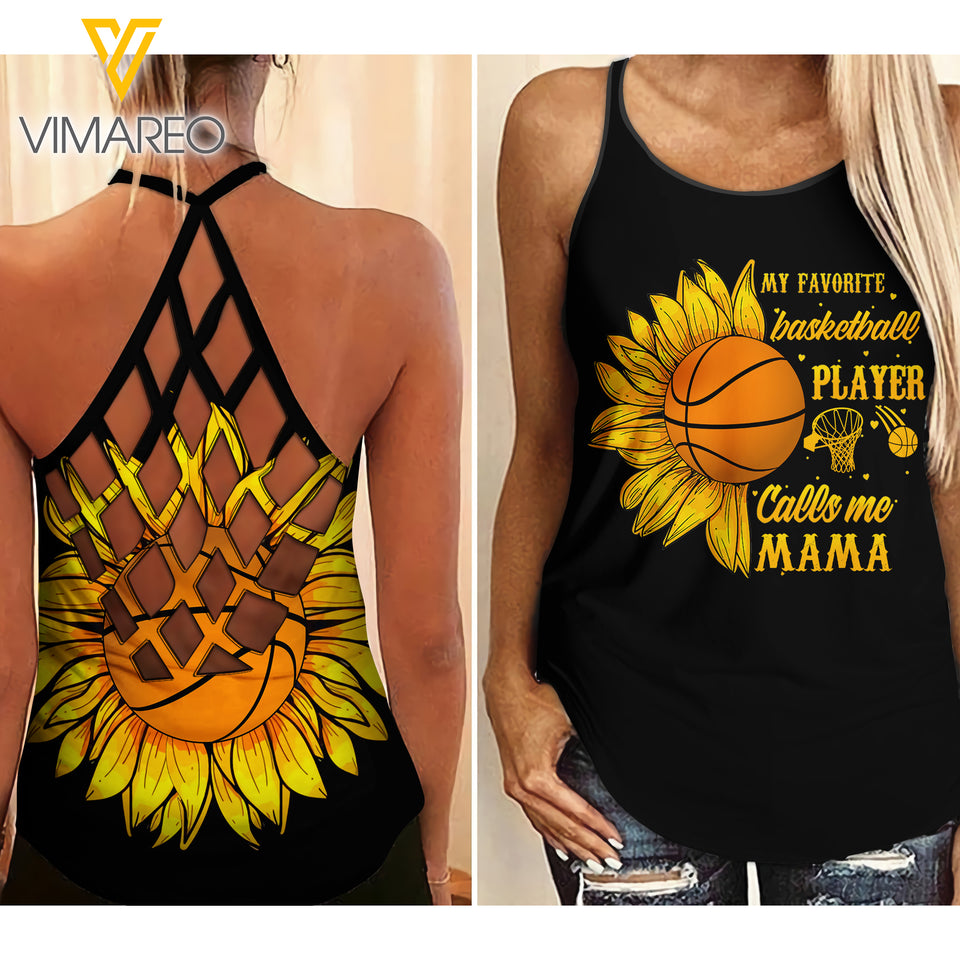 BASKETBALL MAMA SUNFLOWER CRISS-CROSS TANK TOP