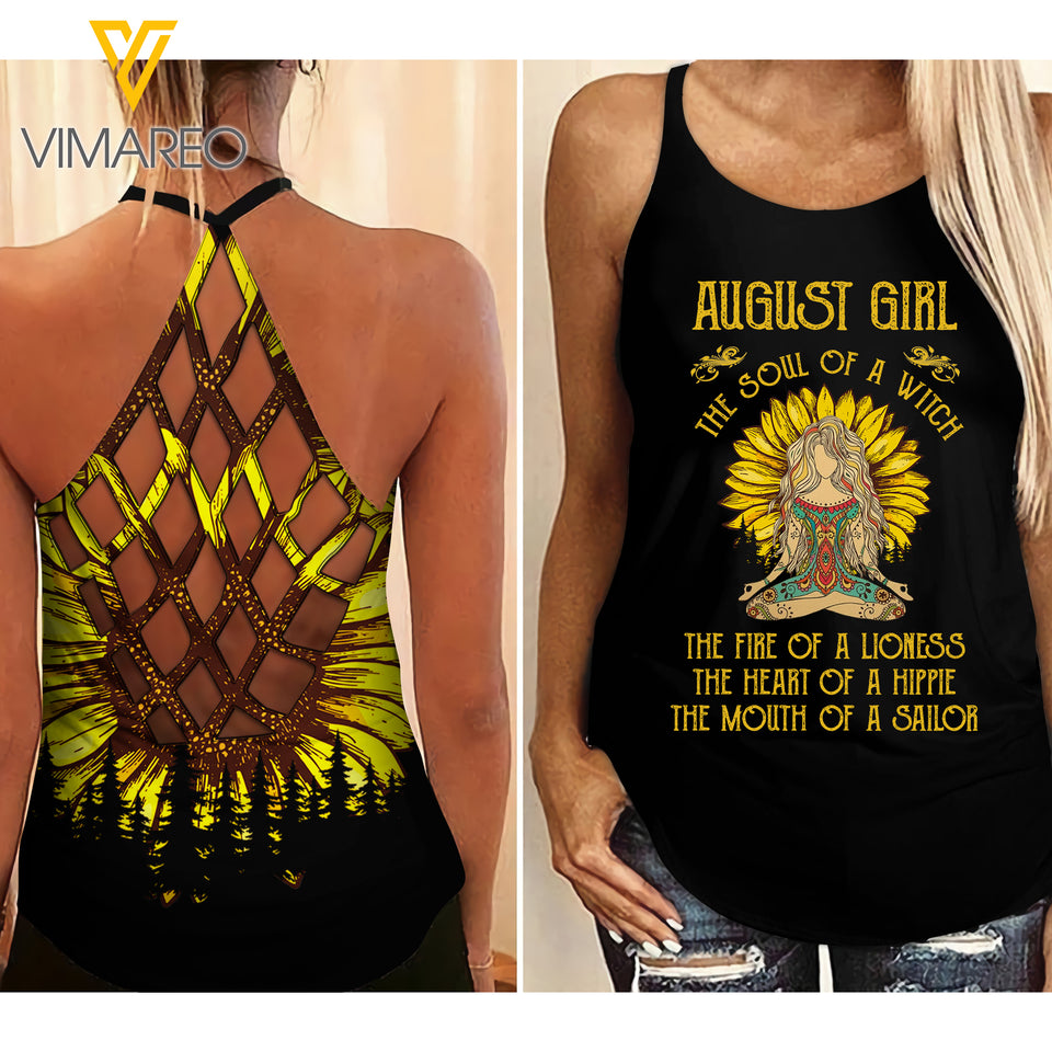 AUGUST YOGA GIRL SUNFLOWER CRISS-CROSS TANK TOP