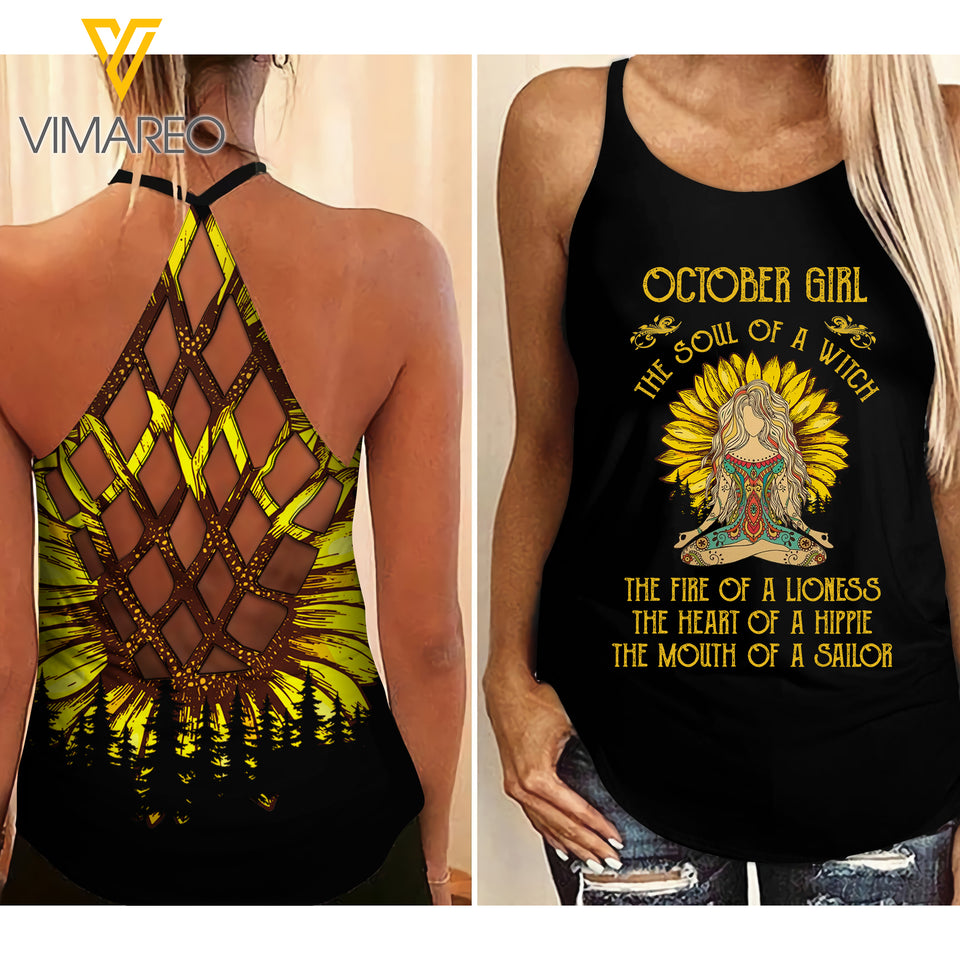 OCTOBER YOGA GIRL SUNFLOWER CRISS-CROSS TANK TOP