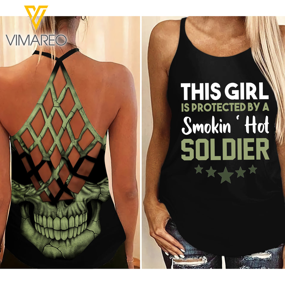 Protected by a smokin hot Soldier Criss-Cross Open Back Camisole Tank Top