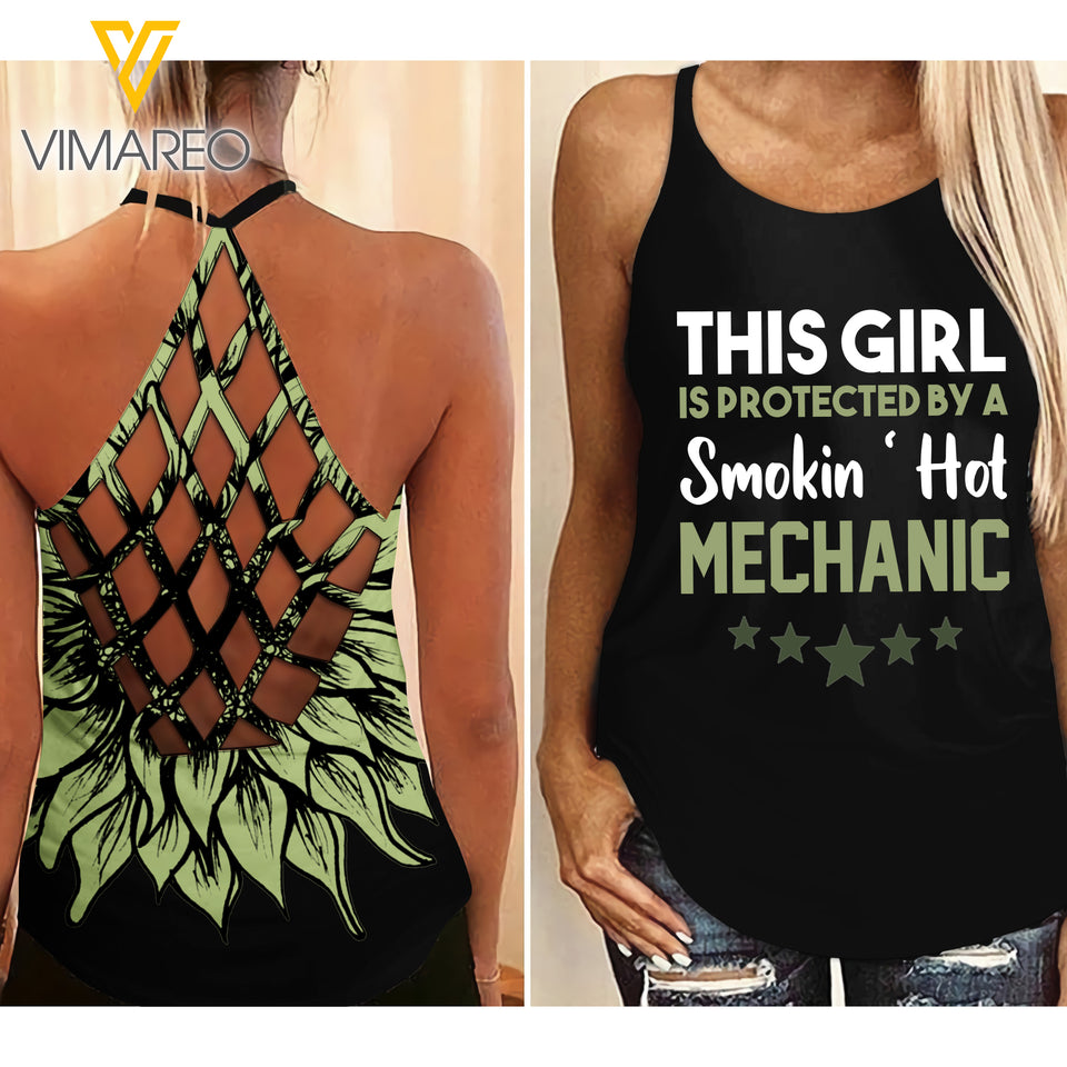 Protected by a smokin hot Mechanic Criss-Cross Open Back Camisole Tank Top