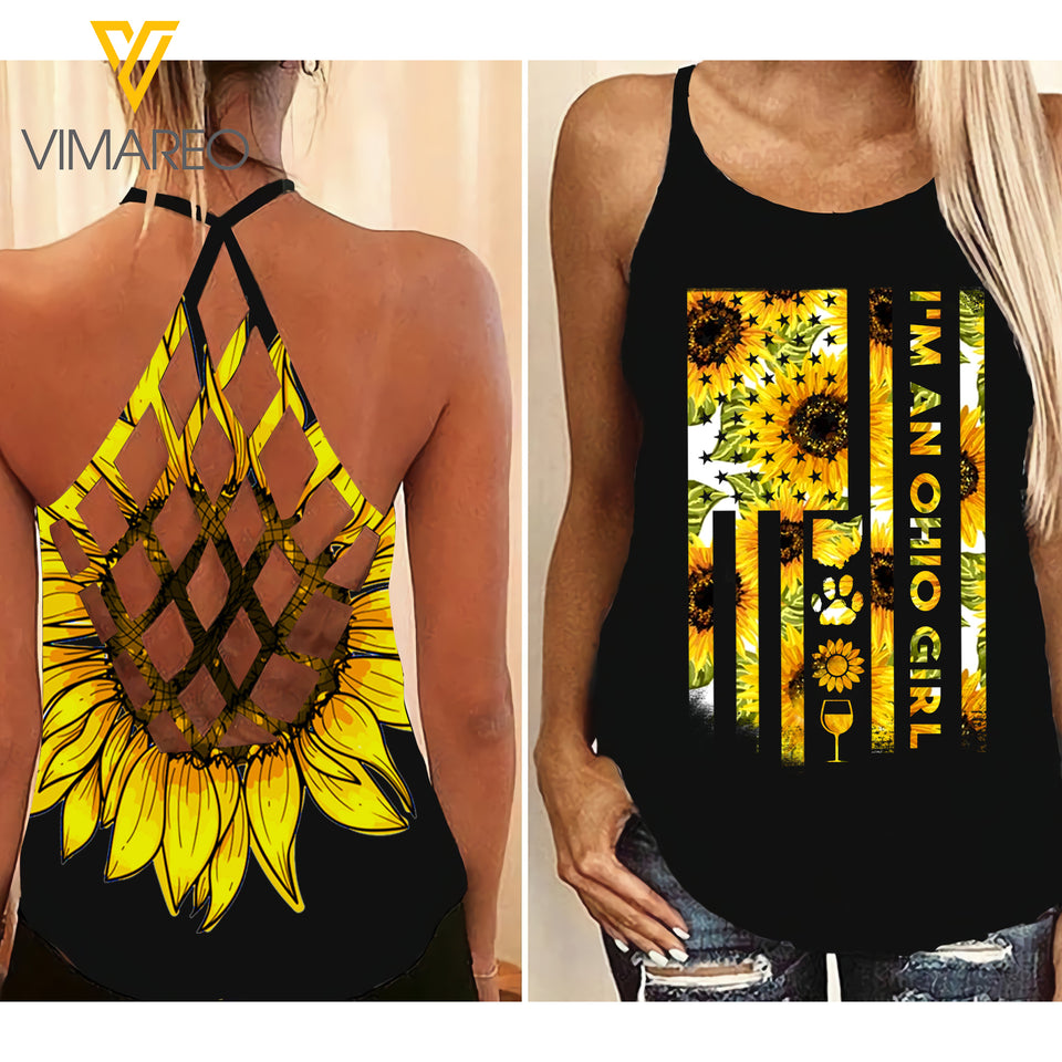 OHIO DOG WINE GIRL SUNFLOWER CRISS-CROSS TANK TOP LEGGING