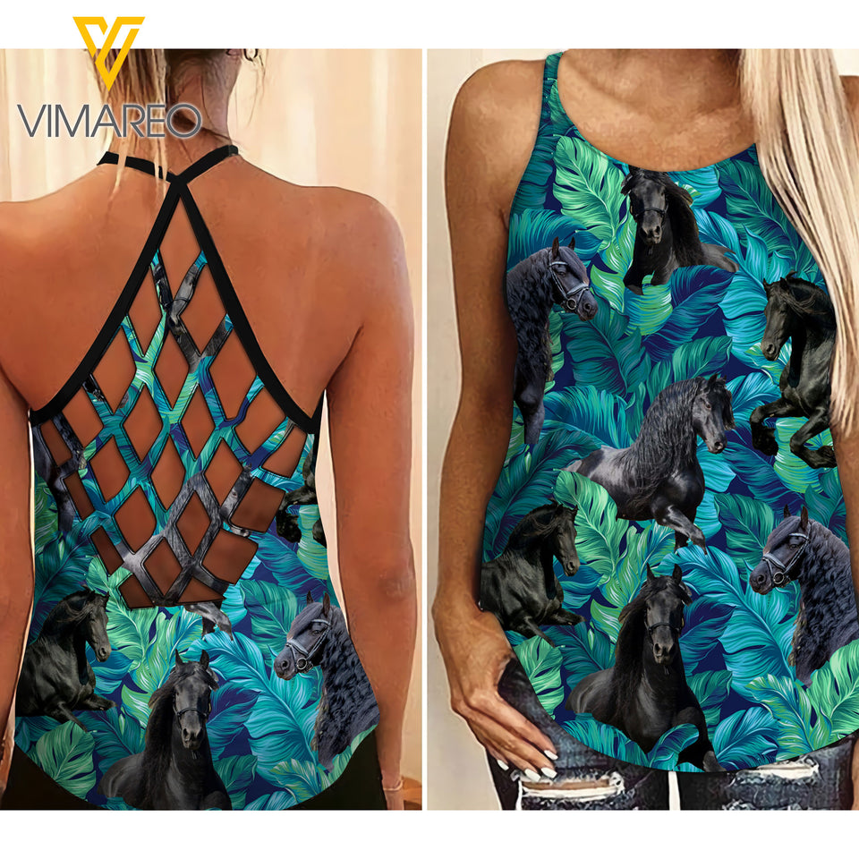 Friesian Horse Hawaii Criss-Cross Open Back Camisole Tank Top AUG-HQ31