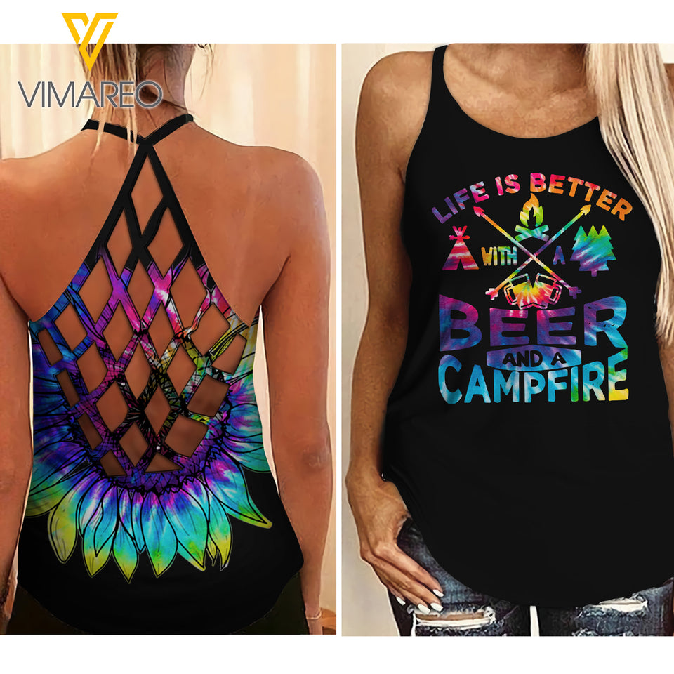 Beer and Campfire Criss-Cross Open Back Camisole Tank Top QBVGE