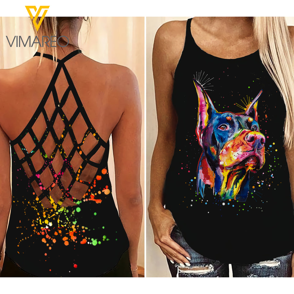 Doberman Dog Criss-Cross Open Back Camisole Tank Top CMJEW