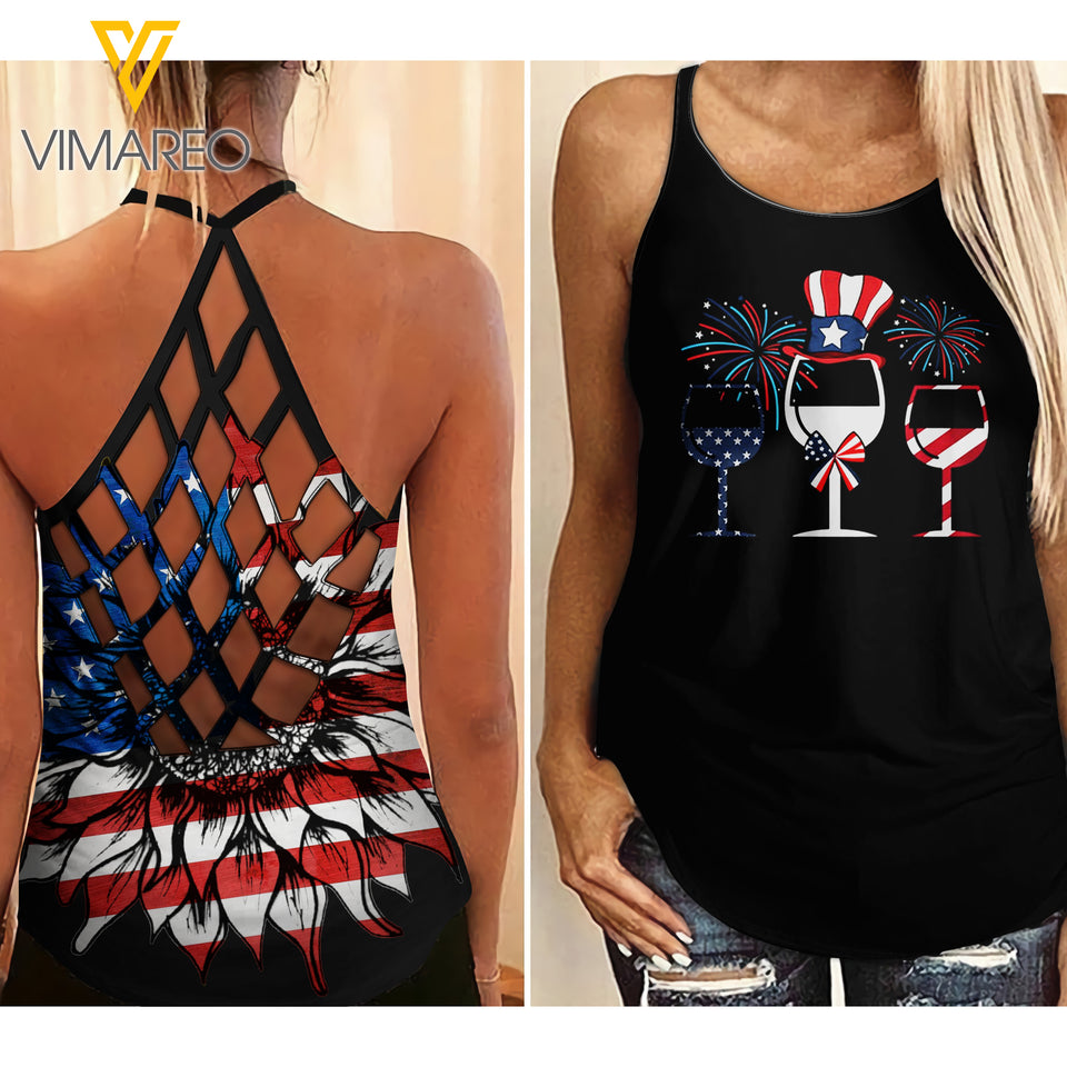 Glasses Wine Criss-Cross Open Back Camisole Tank Top TVVSF