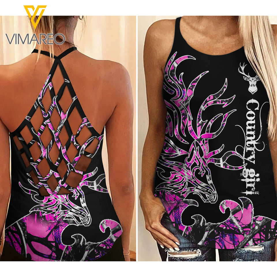 Country Girl Criss-Cross Open Back Camisole Tank Top Legging QSEIU3