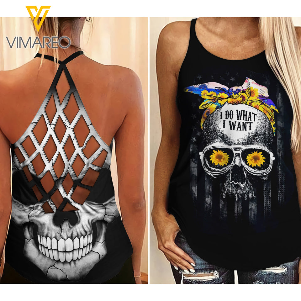 SKULL GIRL SUNFLOWER CRISS-CROSS OPEN BACK CAMISOLE TANK TOP