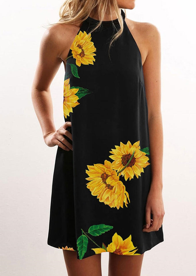 Sunflower Halter Casual Mini Dress Women Loose Black Dresses