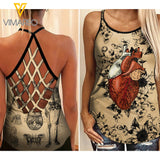 Heart Skull Criss-Cross Open Back Camisole Tank Top KBG