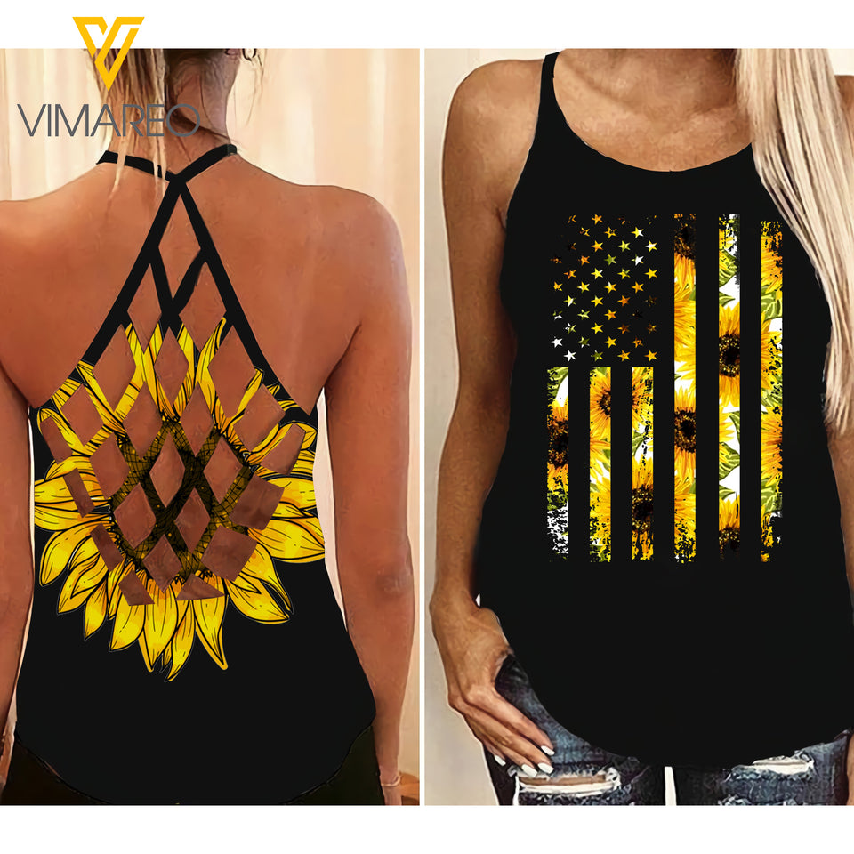 Sunflower Girl Criss-Cross Open Back Camisole Tank Top Legging CMER2